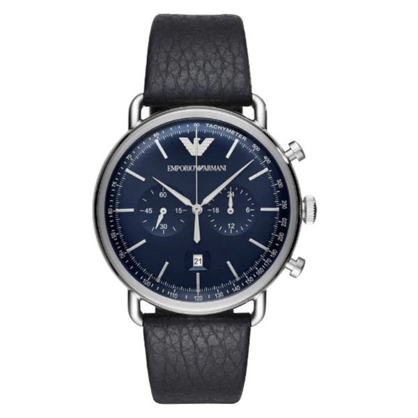 EMPORIO ARMANI Aviator Black Leather Strap Blue Dial Chronograph Quartz Watch for Gents - AR11105