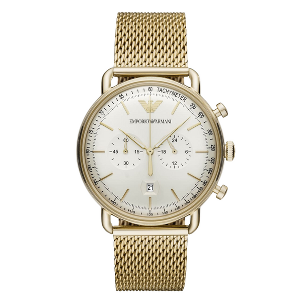EMPORIO ARMANI Avaitor Gold Mesh Bracelet Cream Dial Quartz Watch for Gents - AR11315