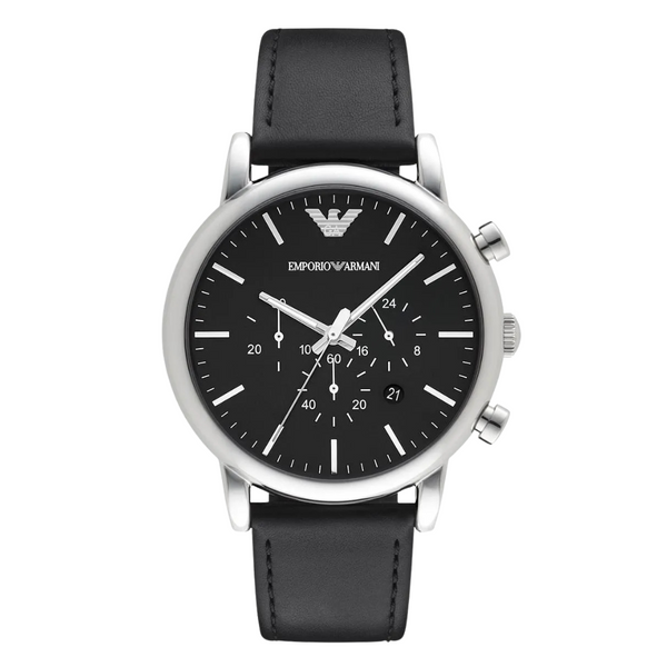 EMPORIO ARMANI Dress Black Leather Strap Black Dial Chronograph Quartz Watch for Gents - AR8029