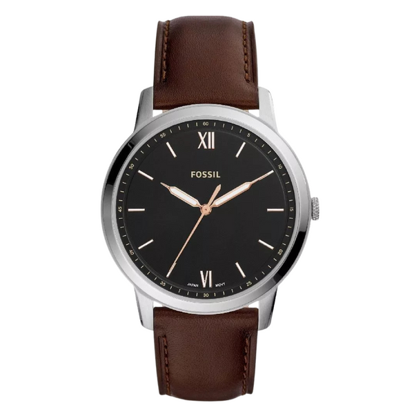 Fossil Minimalist Brown Leather Strap Black Dial Quartz Watch for Gents - FS5464