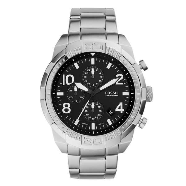 Fossil Bronson Silver Stainless Steel Black Dial Chronograph Quartz Watch for Gents - FS5710