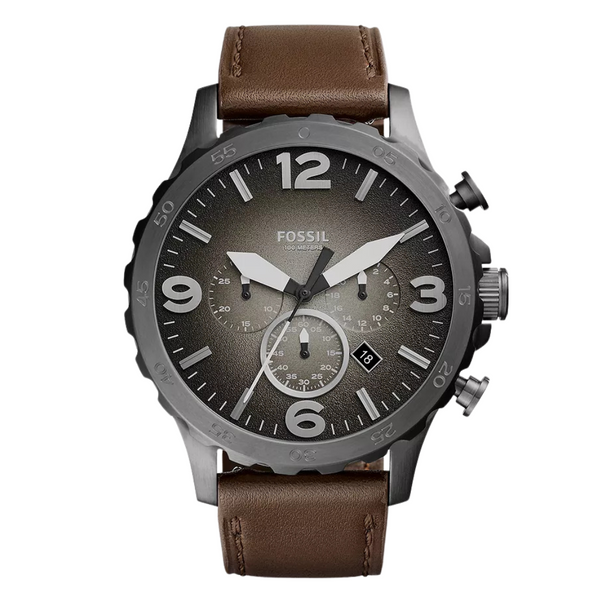 Fossil Nate Brown Leather Strap Grey Dial Chronograph Quartz Watch for Gents - JR1424