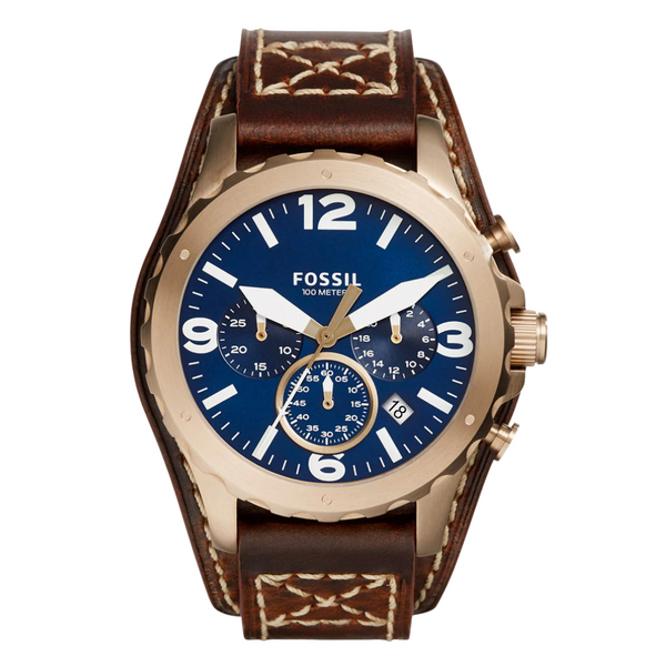 Fossil Nate Brown Leather Strap Blue Dial Chronograph Quartz Watch for Gents - JR1505