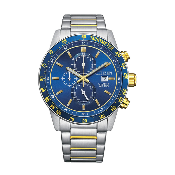 Citizen Two-Tone Stainless Steel Bracelet Blue Analog Chronograph Quartz Watch for Men – AN3684-59L