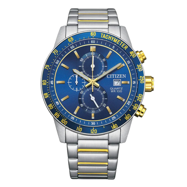 Citizen Two-Tone Stainless Steel Bracelet Blue Analog Chronograph Quartz Watch for Men – AN3684-59L