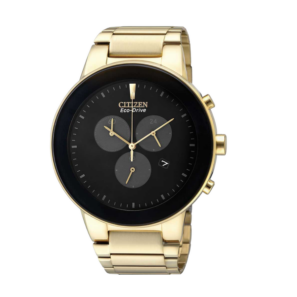 Citizen Gold-Tone Stainless Steel Bracelet Black Analog Solar Chronograph Watch for Men – AT2242-55E