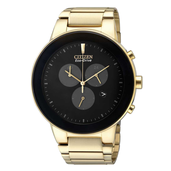 Citizen Gold-Tone Stainless Steel Bracelet Black Analog Solar Chronograph Watch for Men – AT2242-55E