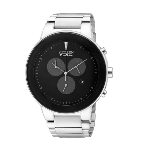 Citizen Silver Stainless Steel Bracelet Black Analog Solar Chronograph Watch for Men – AT2240-51E