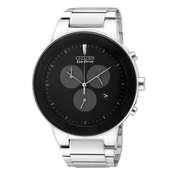 Citizen Silver Stainless Steel Bracelet Black Analog Solar Chronograph Watch for Men – AT2240-51E