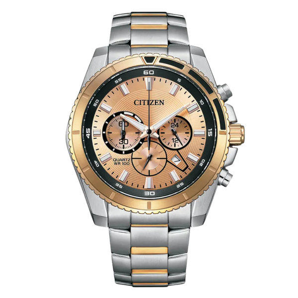 Citizen Two-Tone Stainless Steel Bracelet Rose Gold Analog Chronograph Quartz Watch for Men – AN8204-59X