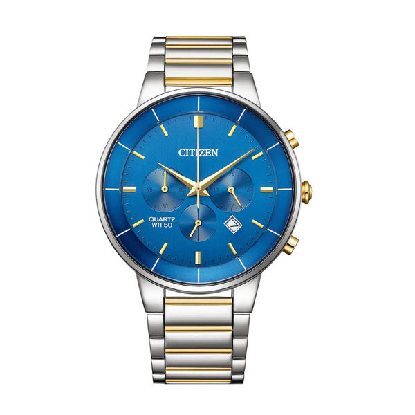 Citizen Two-Tone Stainless Steel Bracelet Blue Analog Chronograph Quartz Watch for Men – AN8224-51L