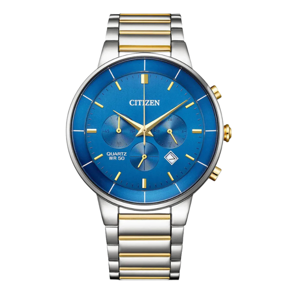 Citizen Two-Tone Stainless Steel Bracelet Blue Analog Chronograph Quartz Watch for Men – AN8224-51L