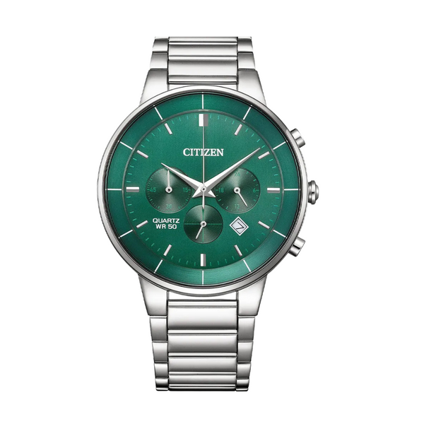 Citizen Silver Stainless Steel Bracelet Green Analog Chronograph Quartz Watch for Men – AN8220-52X