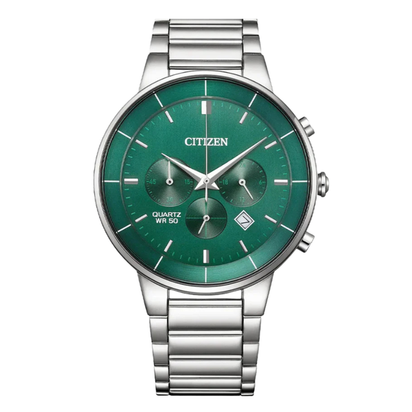 Citizen Silver Stainless Steel Bracelet Green Analog Chronograph Quartz Watch for Men – AN8220-52X