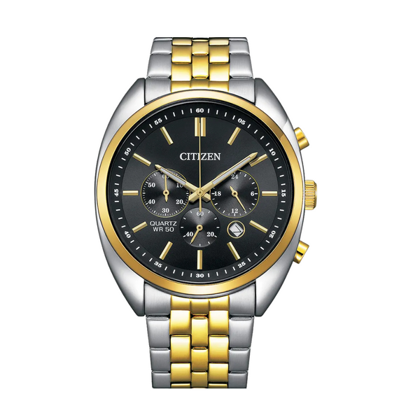 Citizen Two-Tone Stainless Steel Bracelet Black Analog Chronograph Quartz Watch for Men – AN8214-55E