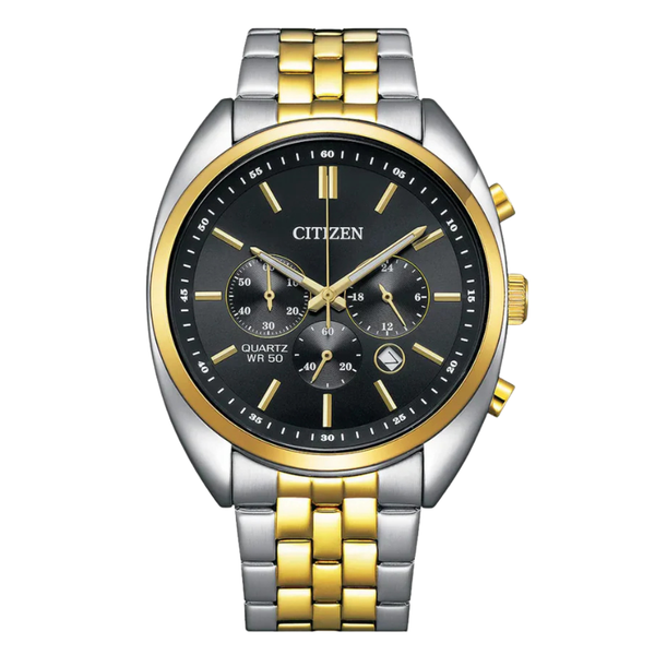Citizen Two-Tone Stainless Steel Bracelet Black Analog Chronograph Quartz Watch for Men – AN8214-55E