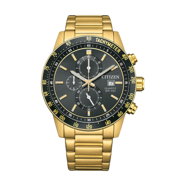 Citizen Gold-Tone Stainless Steel Bracelet Black Analog Chronograph Quartz Watch for Men – AN3682-54E