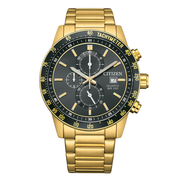 Citizen Gold-Tone Stainless Steel Bracelet Black Analog Chronograph Quartz Watch for Men – AN3682-54E