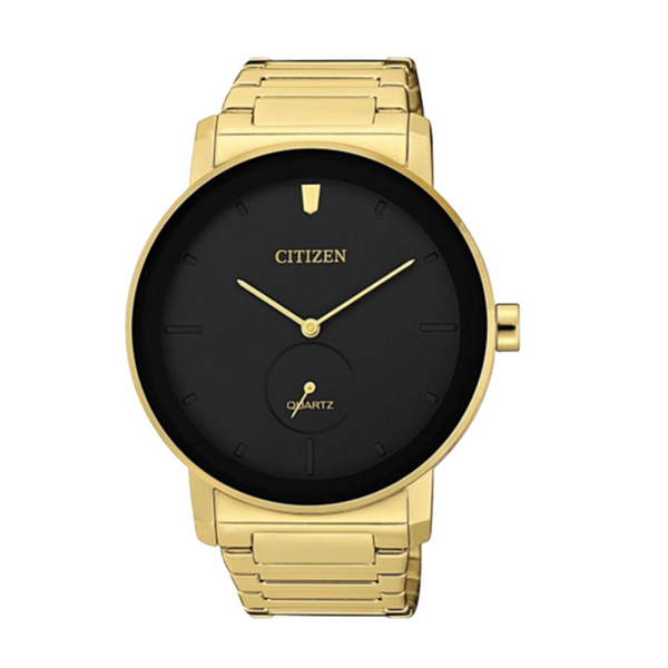 Citizen Gold-Tone Stainless Steel Bracelet Black Analog Quartz Watch for Men – BE9182-57E