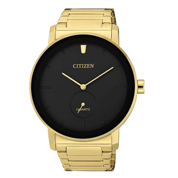 Citizen Gold-Tone Stainless Steel Bracelet Black Analog Quartz Watch for Men – BE9182-57E