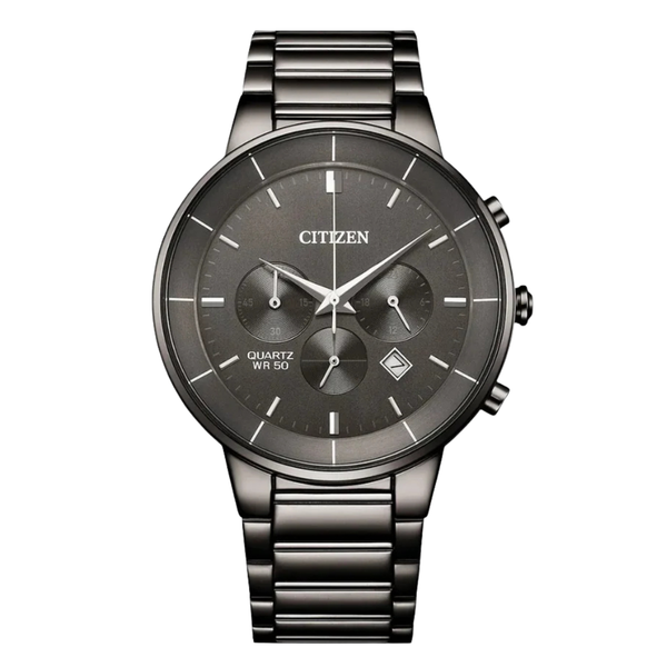Citizen Black Ion-Plated Stainless Steel Bracelet Grey Analog Chronograph Quartz Watch for Men – AN8227-53H