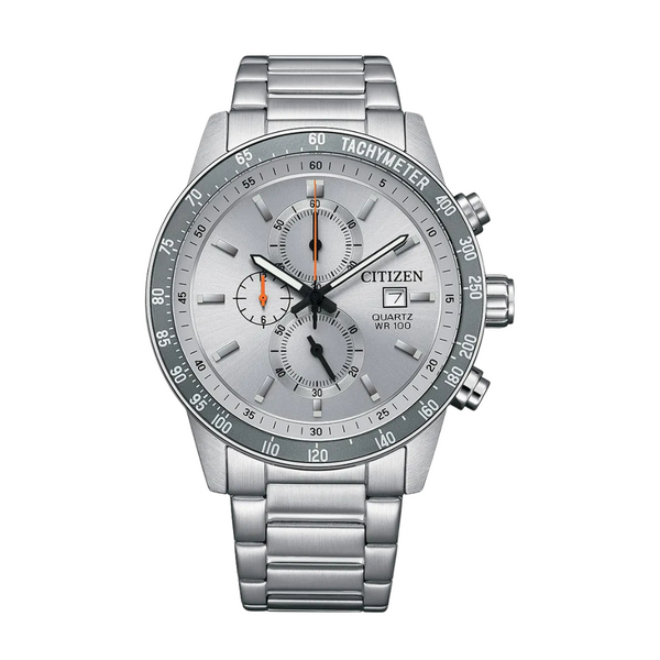 Citizen Silver Stainless Steel Bracelet Amber Analog Chronograph Quartz Watch for Men – AN3688-58H