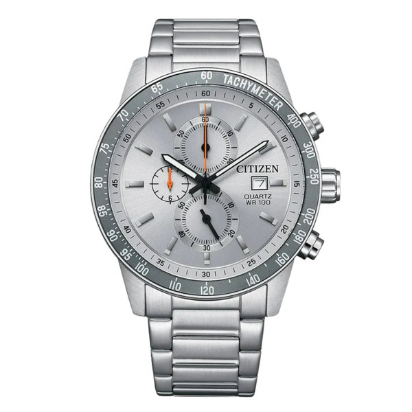 Citizen Silver Stainless Steel Bracelet Amber Analog Chronograph Quartz Watch for Men – AN3688-58H