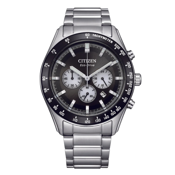 Citizen Eco-Drive Silver Stainless Steel Black Dial Chronograph Quartz Watch for Gents - CA4674-58E