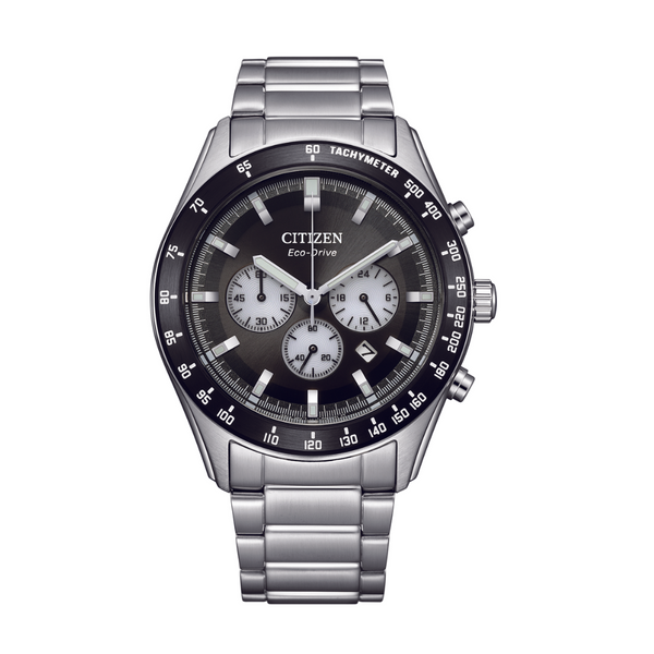Citizen Eco-Drive Silver Stainless Steel Black Dial Chronograph Quartz Watch for Gents - CA4674-58E