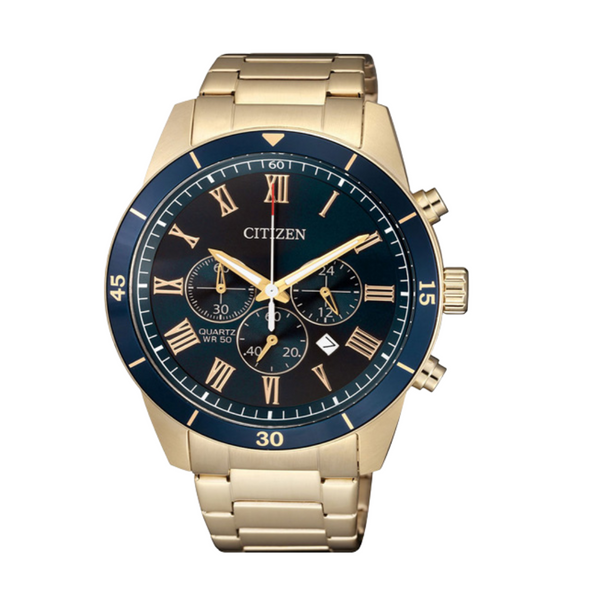 Citizen Rose Gold-Tone Stainless Steel Bracelet Blue Analog Chronograph Quartz Watch for Men – AN8169-58L