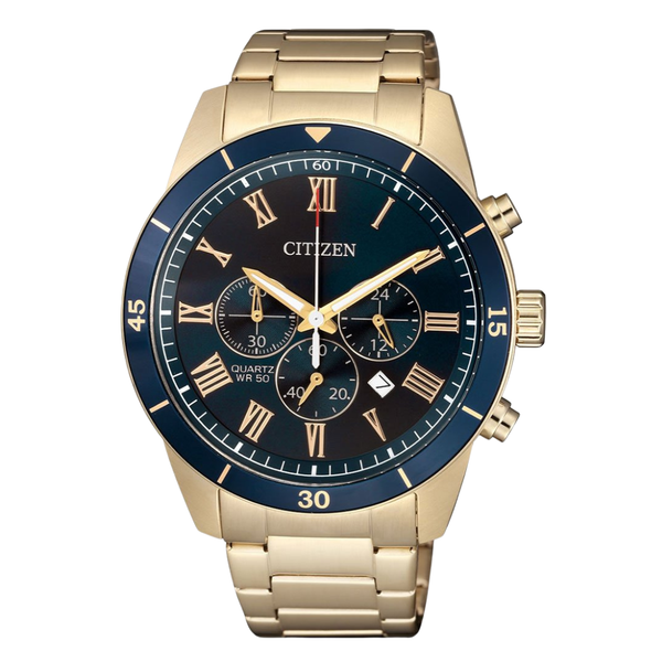 Citizen Rose Gold-Tone Stainless Steel Bracelet Blue Analog Chronograph Quartz Watch for Men – AN8169-58L