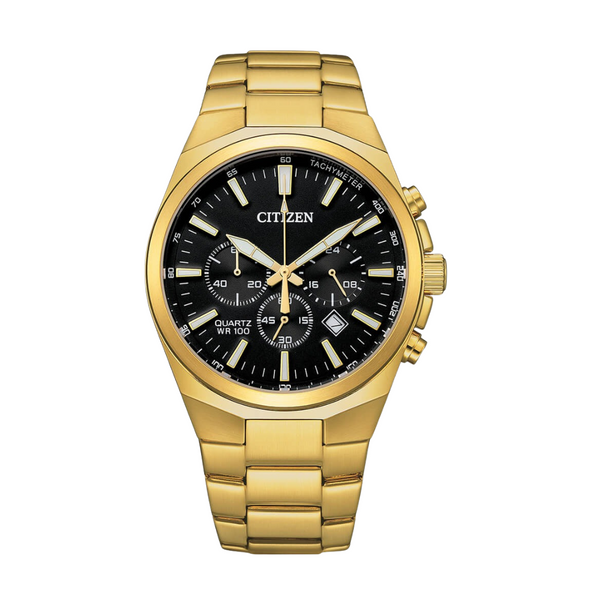 Citizen Gold-Tone Stainless Steel Bracelet Black Analog Chronograph Quartz Watch for Men – AN8173-51E