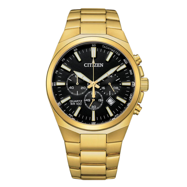 Citizen Gold-Tone Stainless Steel Bracelet Black Analog Chronograph Quartz Watch for Men – AN8173-51E