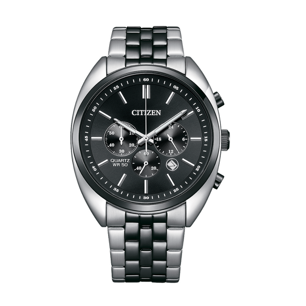 Citizen Two-Tone Stainless Steel Bracelet Black Analog Chronograph Quartz Watch for Men – AN8218-54E