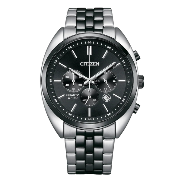 Citizen Two-Tone Stainless Steel Bracelet Black Analog Chronograph Quartz Watch for Men – AN8218-54E