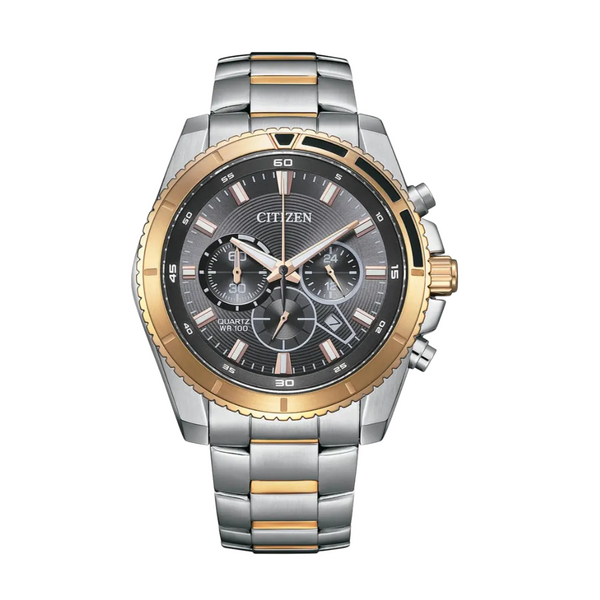 Citizen Two-Tone Stainless Steel Bracelet Grey Analog Chronograph Quartz Watch for Men – AN8204-59H