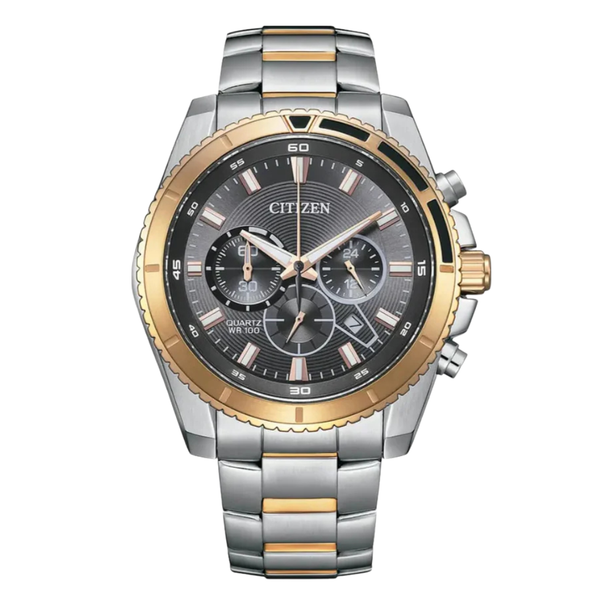 Citizen Two-Tone Stainless Steel Bracelet Grey Analog Chronograph Quartz Watch for Men – AN8204-59H