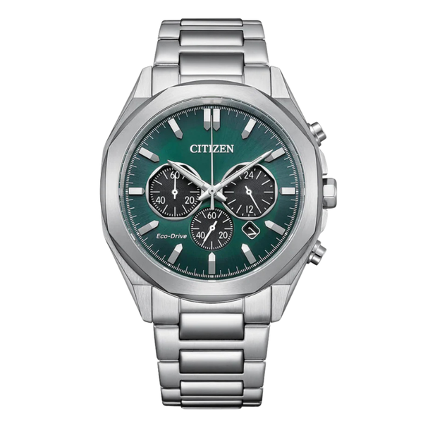 Citizen Eco-Drive Silver Stainless Steel Green Dial Chronograph Quartz Watch for Gents - CA4590-81X