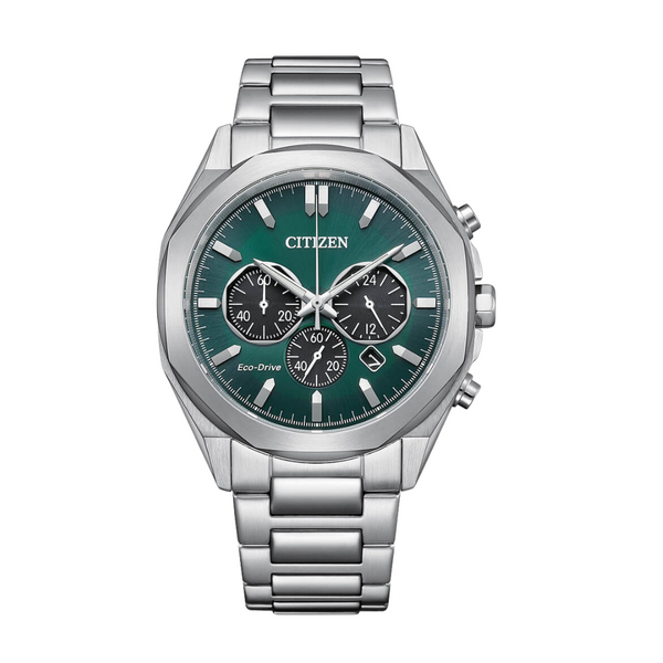 Citizen Eco-Drive Silver Stainless Steel Green Dial Chronograph Quartz Watch for Gents - CA4590-81X