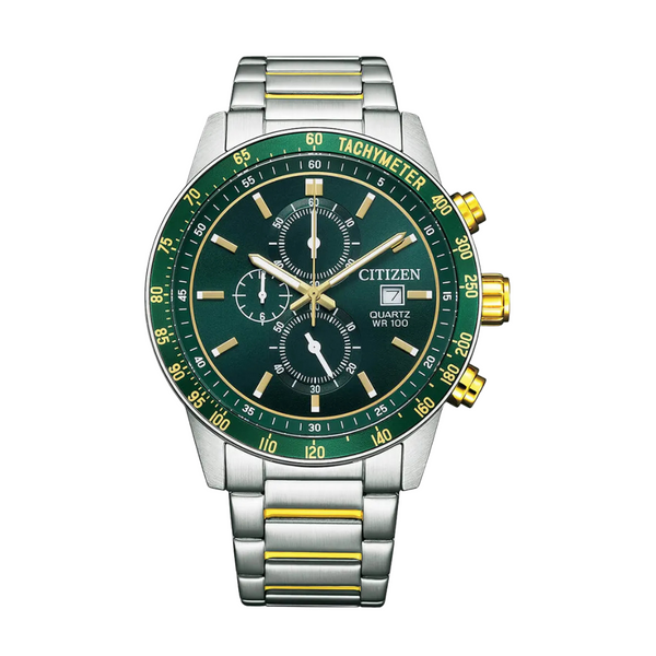 Citizen Two-Tone Stainless Steel Bracelet Green Analog Chronograph Quartz Watch for Men – AN3689-55X