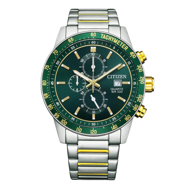 Citizen Two-Tone Stainless Steel Bracelet Green Analog Chronograph Quartz Watch for Men – AN3689-55X