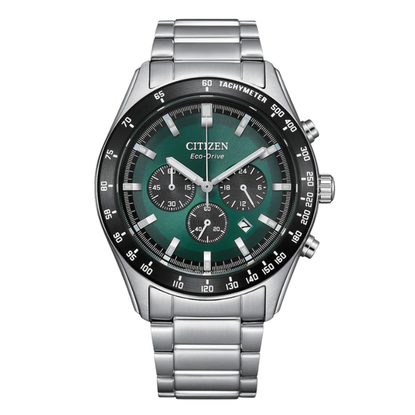 Citizen Eco-Drive Silver Stainless Steel Green Dial Chronograph Quartz Watch for Gents - CA4674-58X