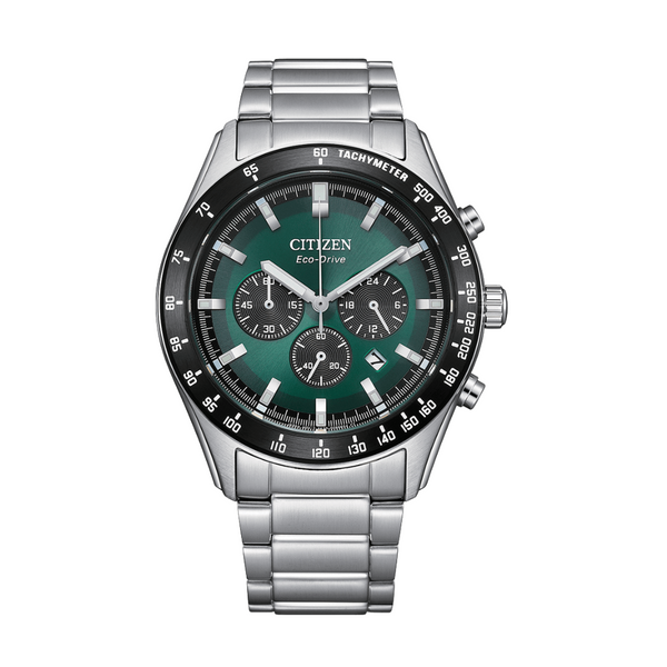 Citizen Eco-Drive Silver Stainless Steel Green Dial Chronograph Quartz Watch for Gents - CA4674-58X