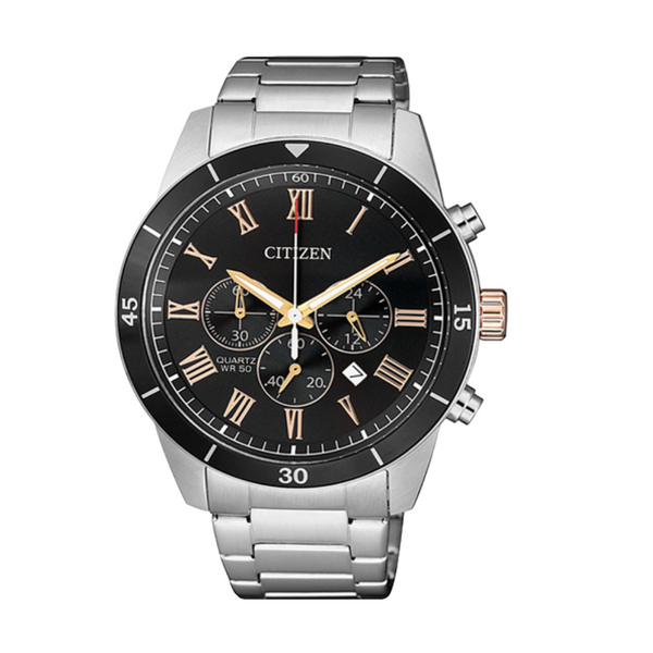 Citizen Silver Stainless Steel Bracelet Black Analog Chronograph Quartz Watch for Men – AN8168-51H