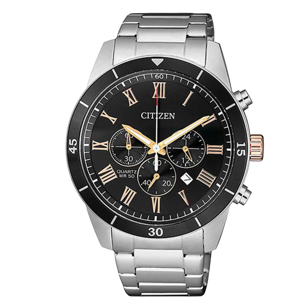 Citizen Silver Stainless Steel Bracelet Black Analog Chronograph Quartz Watch for Men – AN8168-51H