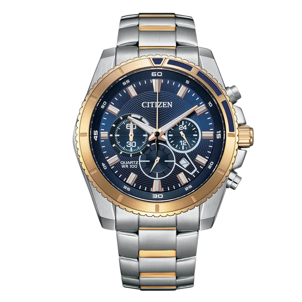 Citizen Two‑Tone Stainless Steel Blue Dial Quartz Chronograph Watch for Gents – AN8206‑53L