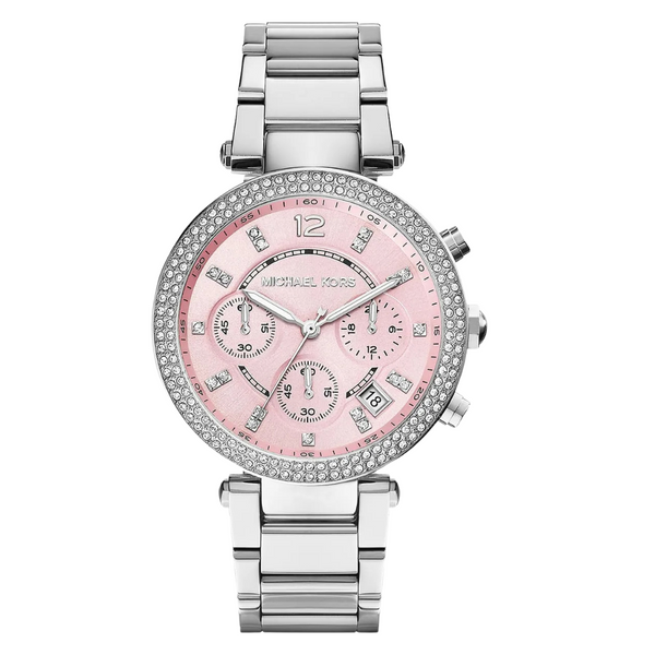 Michael Kors Parker Silver Stainless Steel Pink Dial Chronograph Quartz Watch for Ladies - MK6105