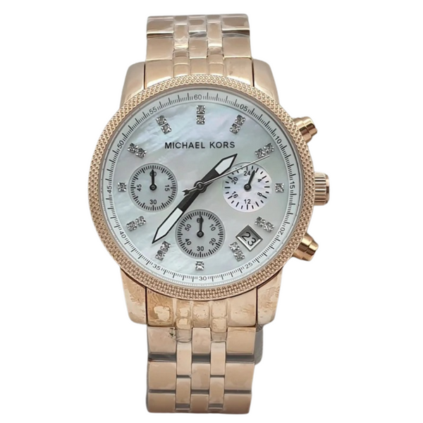 Michael Kors Damen Rose Gold Stainless Steel Silver Dial Chronograph Quartz Watch for Ladies - MK5026
