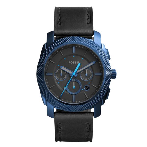 Fossil Machine Black Leather Strap Black Dial Chronograph Quartz Watch for Gents - FS5361