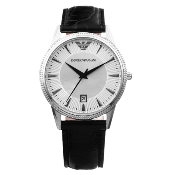 EMPORIO ARMANI Classic Black Leather Strap Silver Dial Quartz Watch for Ladies - AR2443